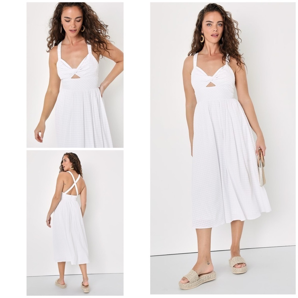 EUC Luluās City Strolls White Gingham Backless Twist-Front Midi Dress Māāāāā